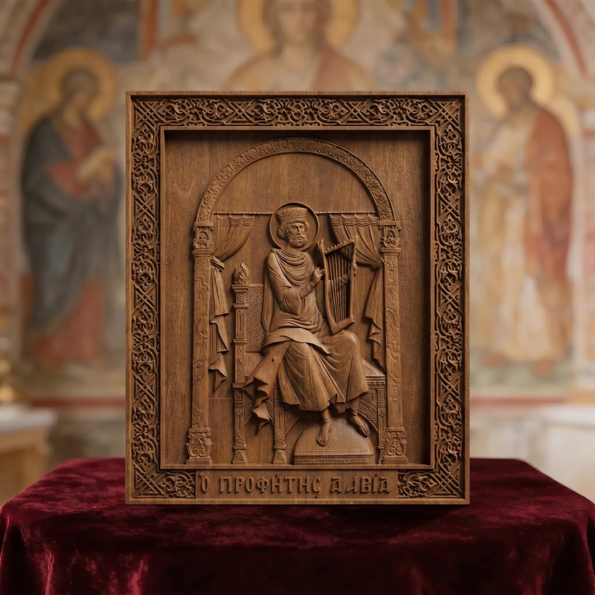 Prophet and King David Wooden Carved Handmade Christian Icon Front Side Brown Oak Cretan Holy Carvings