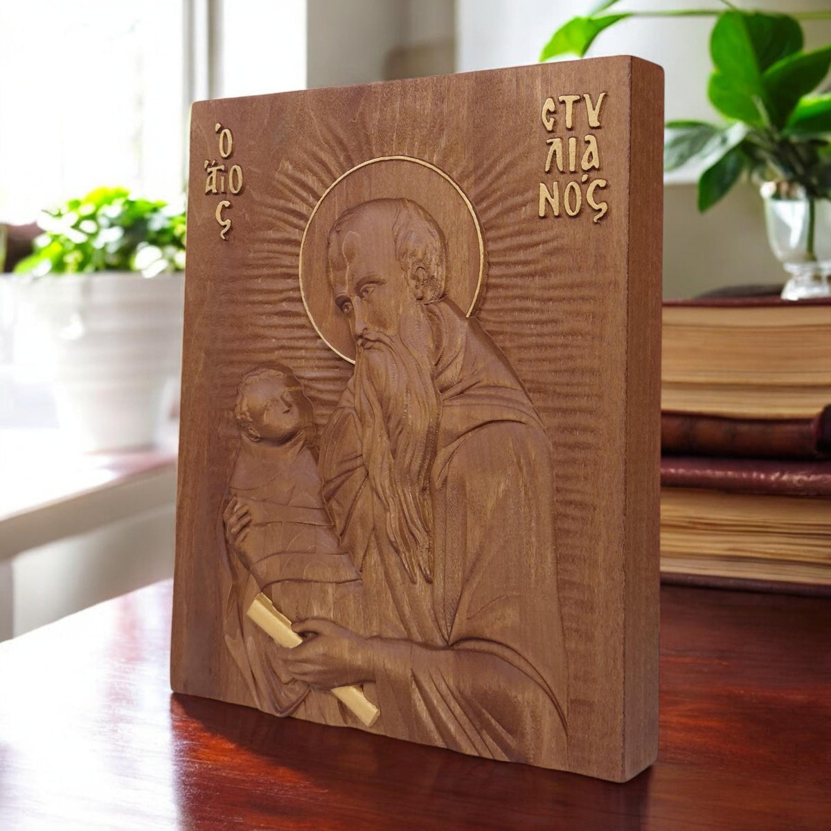 Saint Stylianos Wooden Carved Handmade Christian Icon. Byzantine Greek Orthodox Home Art Decor.