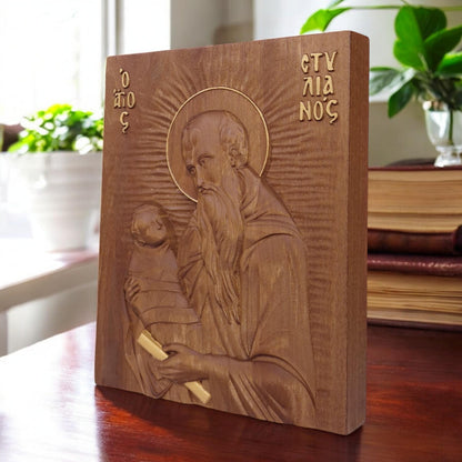 Saint Stylianos Wooden Carved Handmade Christian Icon. Byzantine Greek Orthodox Home Art Decor.