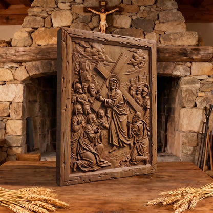 The Way to Mount Golgotha Wooden Carved Handmade Christian Icon  Byzantine Greek Orthodox Home Decor Cretan Holy Carvings