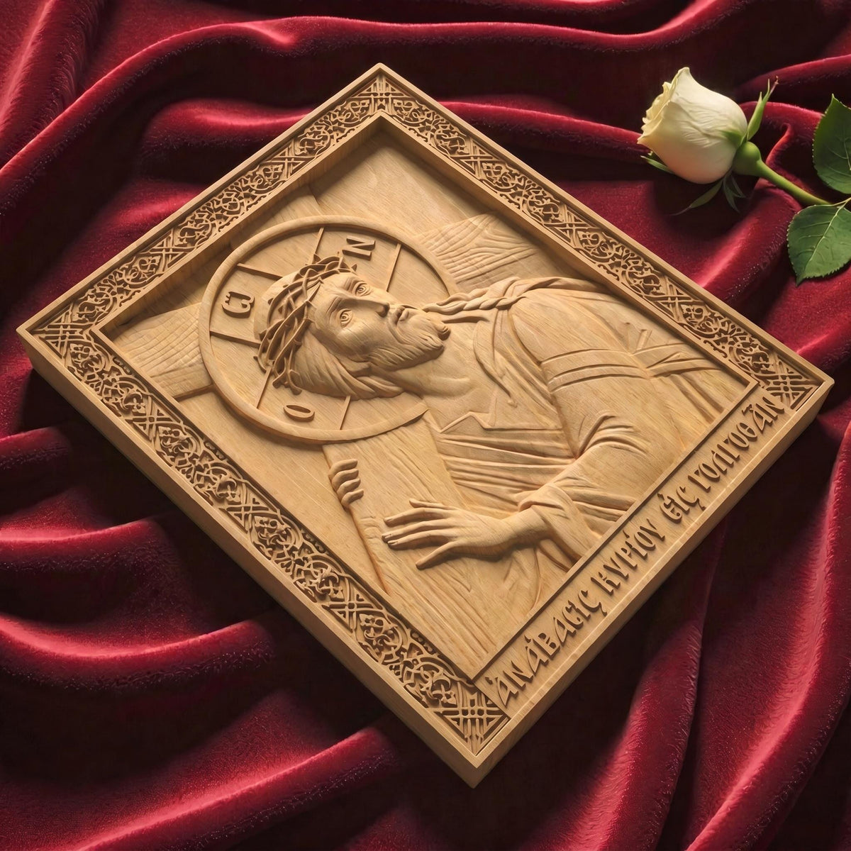 Jesus Christ Ascent to Golgotha Wooden Carved Handmade Christian Icon Flat Side Natural Wood Color Cretan Holy Carvings