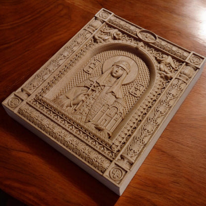 Saint Olga Wooden Carved Handmade Christian Icon. Byzantine Greek Orthodox Home Art Decor.