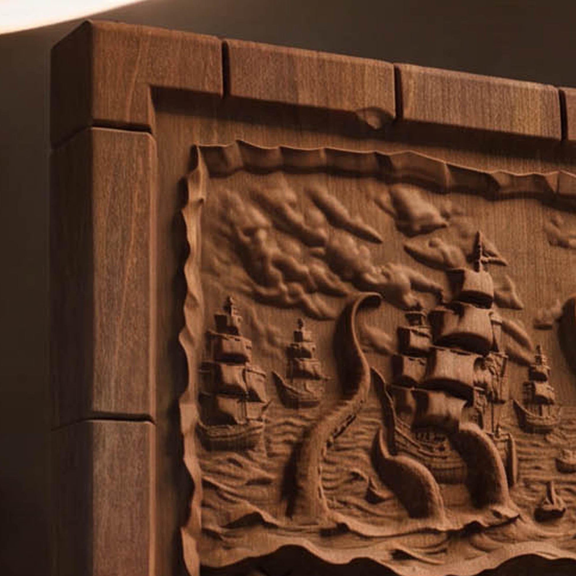 Kraken Atack on the Ships from Ancient Greek Mythology 3D Wooden Bas Relief Panel Art Sculptural Gift Idea Cretan Holy Carvings