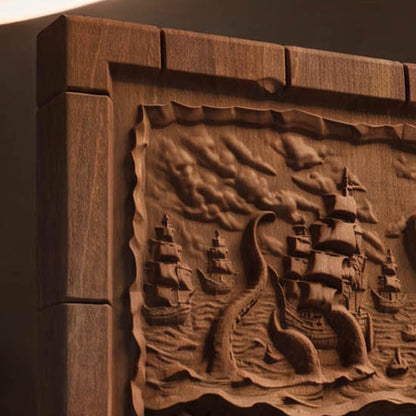 Kraken Atack on the Ships from Ancient Greek Mythology 3D Wooden Bas Relief Panel Art Sculptural Gift Idea Cretan Holy Carvings