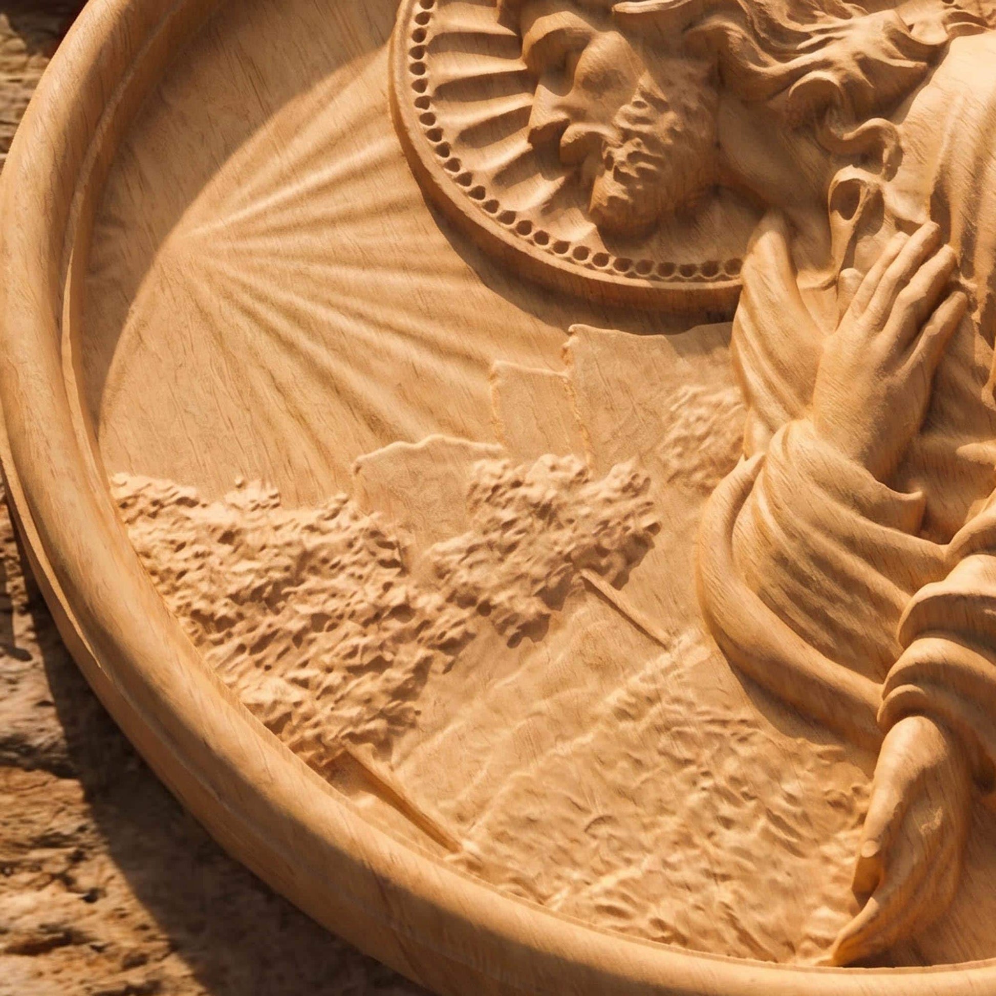 Jesus Christ Praying Plate Wooden Carved Handmade Christian Icon Flat Side Natural Wood Color Cretan Holy Carvings