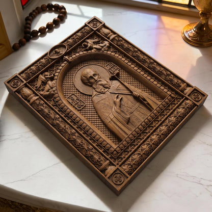 Saint Savvas the Sanctified Wooden Carved Handmade Christian Icon | Byzantine Greek Orthodox Home Art Decor