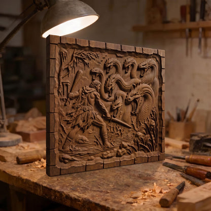 Hercules Fighting the Hydra 3D Wooden Bas Relief Panel Art Sculptural Gift Idea Cretan Holy Carvings