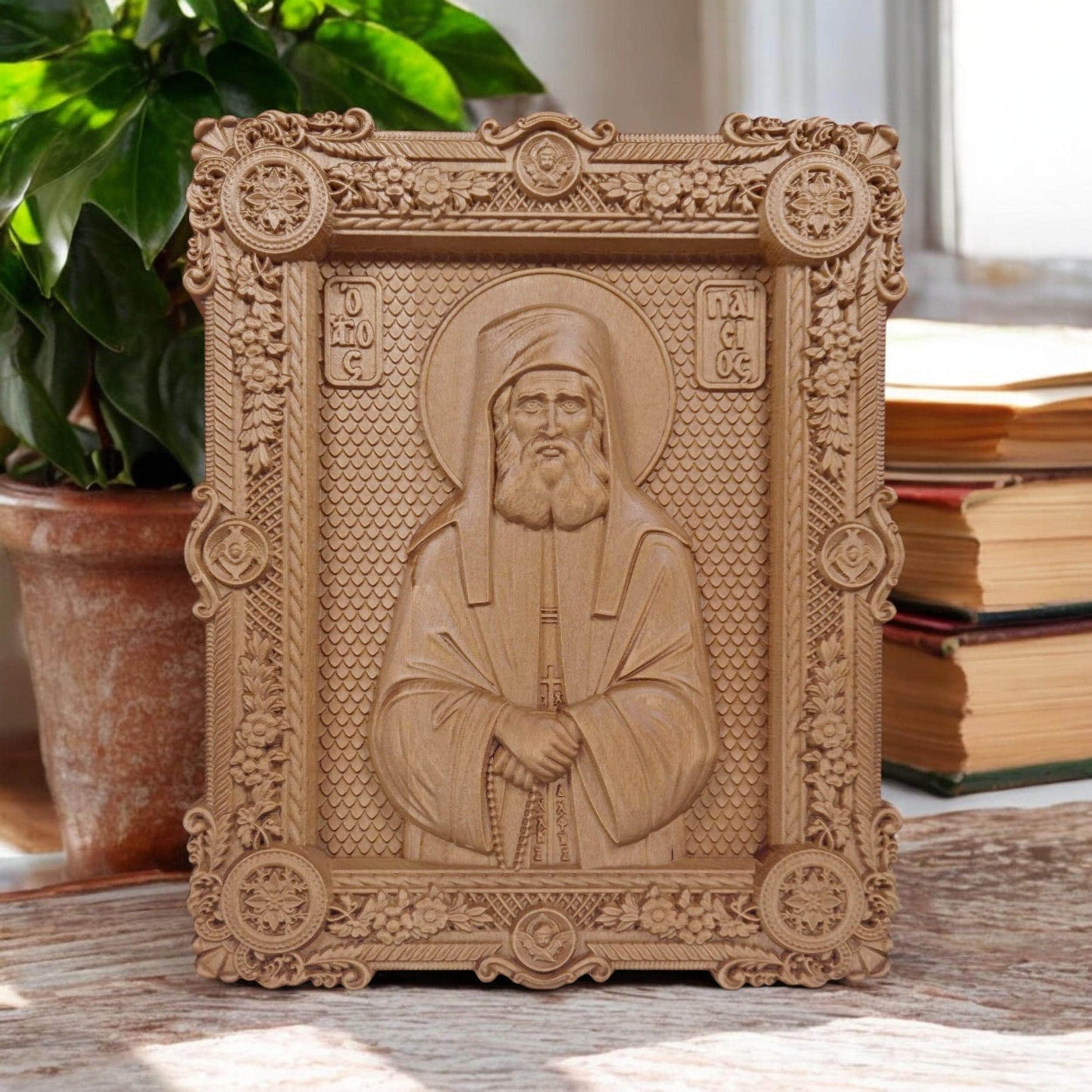 Saint Paisios of Mount Athos Wooden Carved Handmade Christian Icon. Byzantine Greek Home Decor.