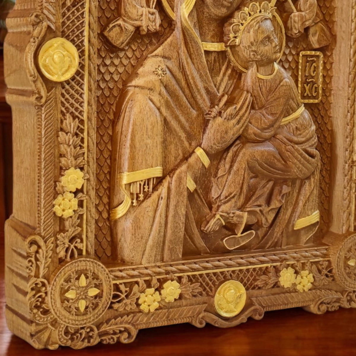 Virgin Mary of Perpetual Help Wooden Carved Handmade Christian Icon. Byzantine Greek Orthodox Decor.