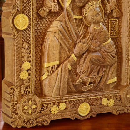 Virgin Mary of Perpetual Help Wooden Carved Handmade Christian Icon. Byzantine Greek Orthodox Decor.