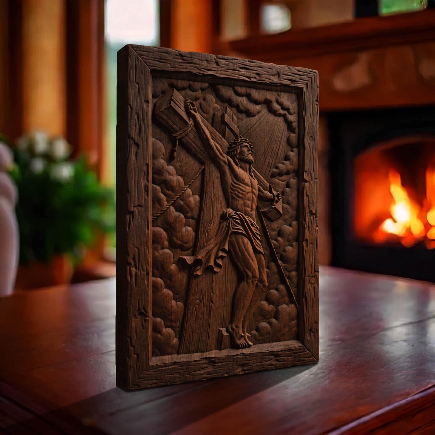 Jesus Crusifixion Wooden Carved Handmade Christian Icon  Byzantine Greek Orthodox Home Art Decor Cretan Holy Carvings