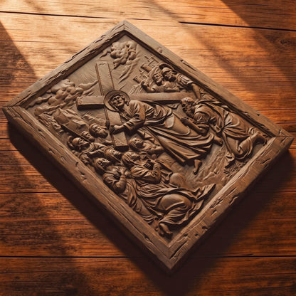 The Way to Mount Golgotha Wooden Carved Handmade Christian Icon  Byzantine Greek Orthodox Home Decor Cretan Holy Carvings