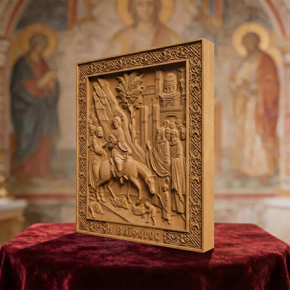 Jesus Christ Triumphal Entry  Wooden Carved Handmade Christian Icon Right Side Natural Wood Color Cretan Holy Carvings