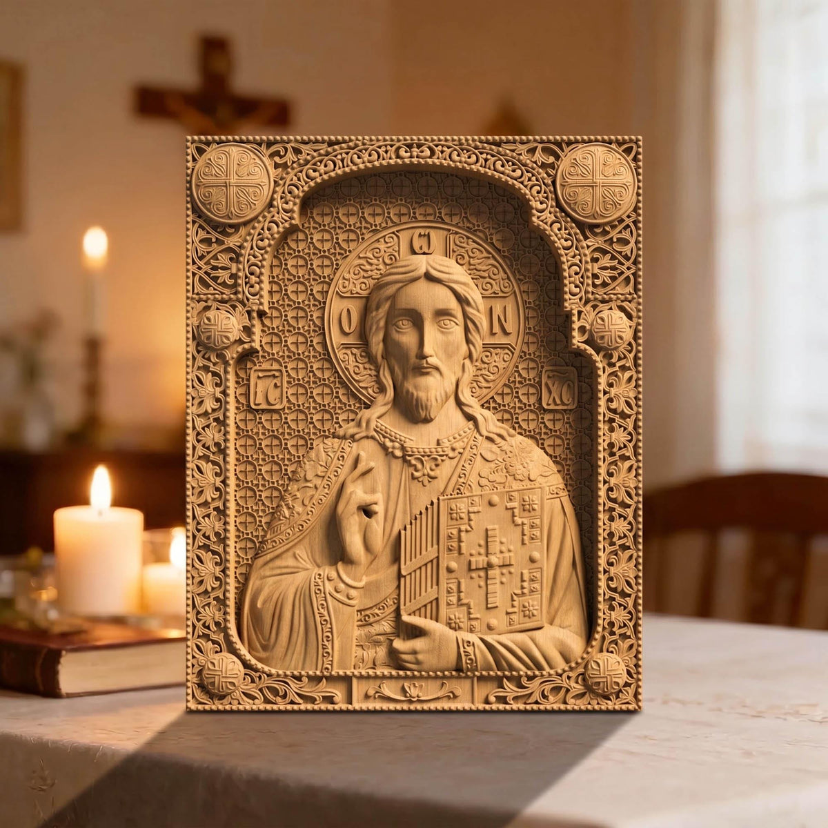 Jesus Christ Wooden Carved Handmade Christian Icon Front Side Natural Wood Color Cretan Holy Carvings