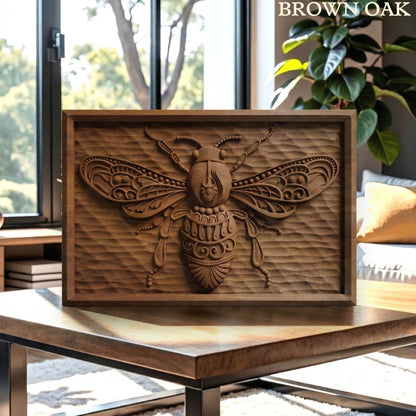 Bee Tribal Framed Bas Relief | Wooden Bee Carving | Sculptural Gift Idea