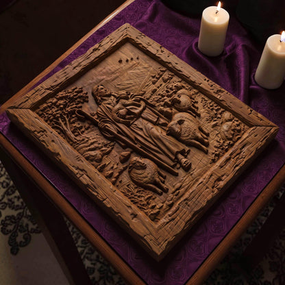 Jesus Christ the Good Shepherd Wooden Carved Handmade Christian Icon  Byzantine Greek Orthodox Home Decor Cretan Holy Carvings