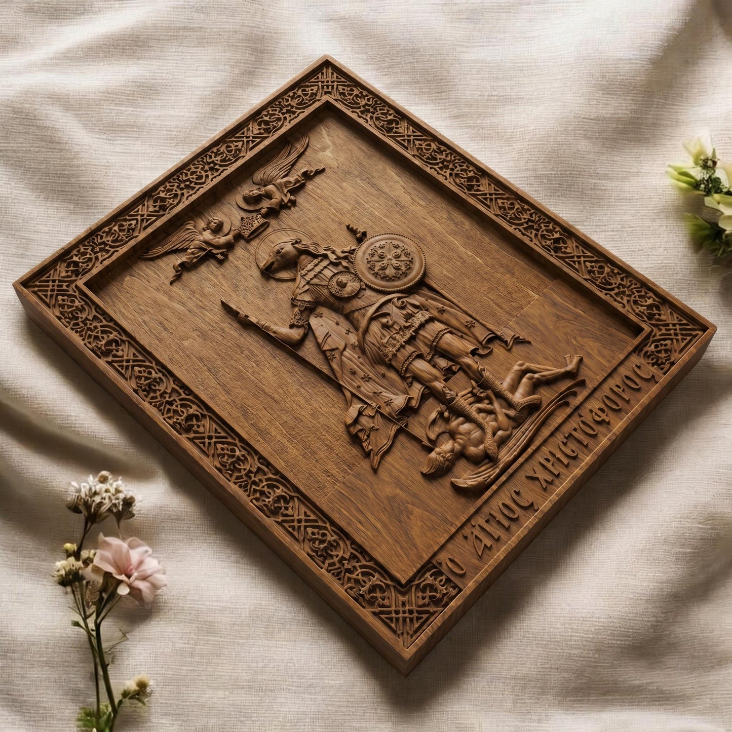 Saint Christopher the Dog Head Wooden Carved Handmade Christian Icon. Byzantine Greek Orthodox Home Decor.