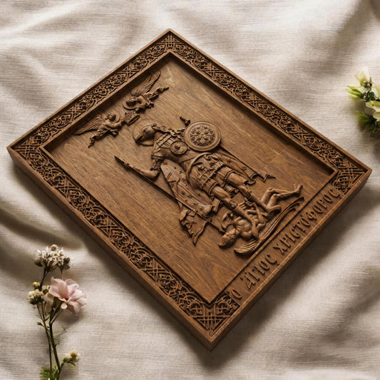Saint Christopher the Dog Head Wooden Carved Handmade Christian Icon. Byzantine Greek Orthodox Home Decor.