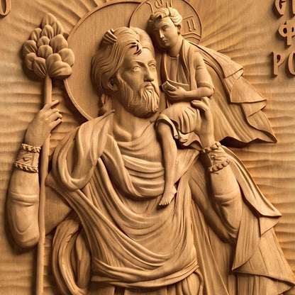 Saint Christopher Wooden Carved Handmade Christian Icon Patron Saint of Drivers Front Side Natural Wood Color Cretan Holy Carvings