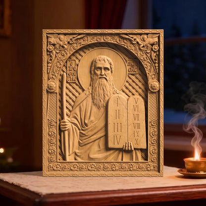 Prophet Moses Wooden Carved Handmade Christian Icon | Byzantine Greek Orthodox Home Art Decor