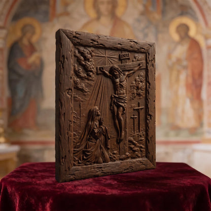 Mother Mary Under the Cross Wooden Carved Handmade Christian Icon  Byzantine Greek Orthodox Home Decor Cretan Holy Carvings