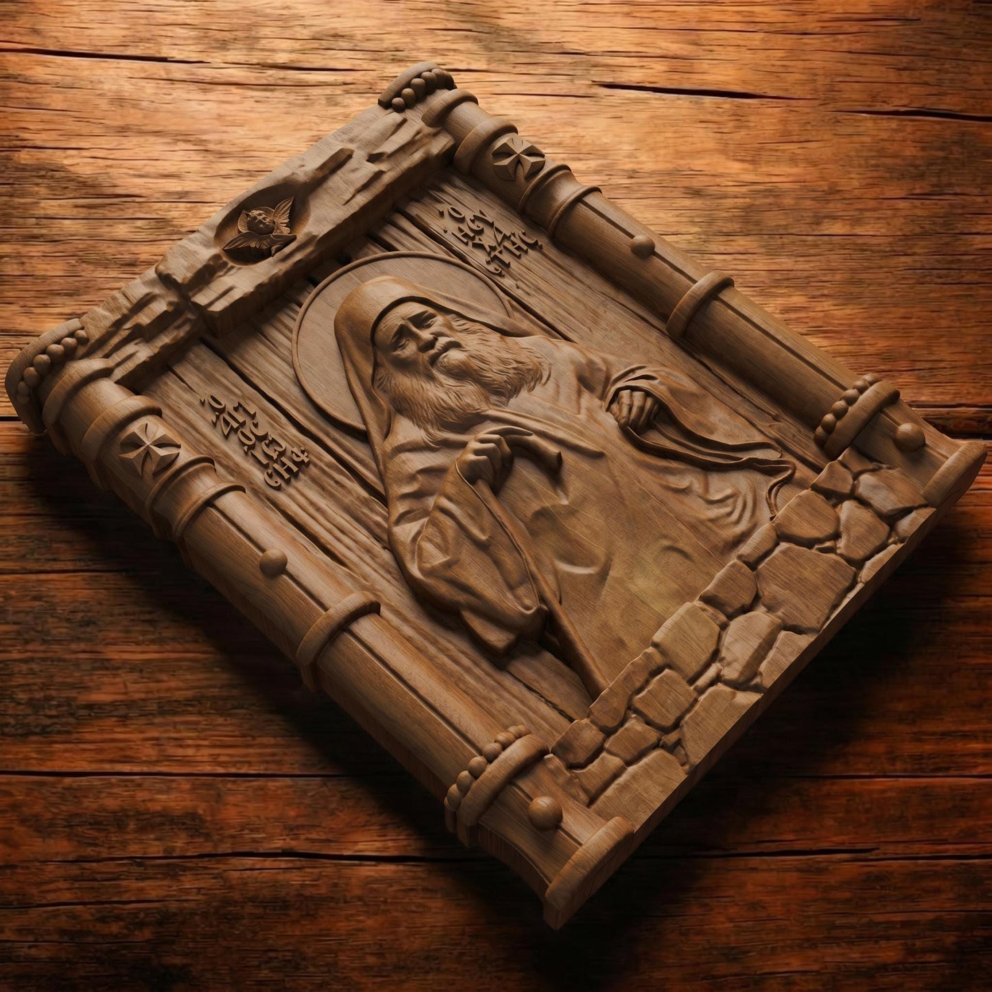 Saint Joseph the Hesychast Wooden Carved Handmade Christian Icon Flat Side Brown Oak Cretan Holy Carvings
