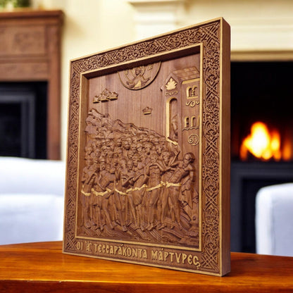Forty Martyrs of Sebaste Wooden Carved Handmade Christian Icon. Byzantine Greek Orthodox Home Decor.
