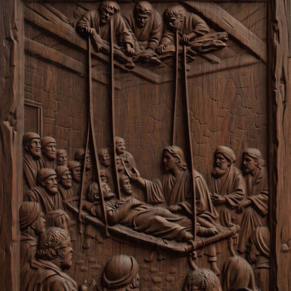 Jesus Christ Healing the Paralyzed Man Brought From the Roof Wooden Carved Handmade Christian Icon  Byzantine Greek Orthodox Home Decor Cretan Holy Carvings