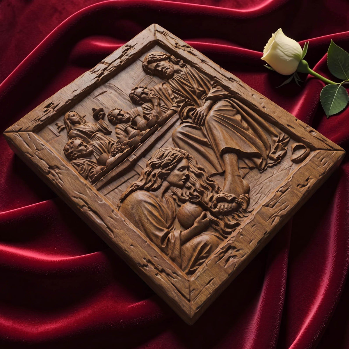 Mary Washing Jesus Christ Feet with Her Hair Wooden Carved Handmade Christian Icon  Byzantine Greek Orthodox Home Decor Cretan Holy Carvings