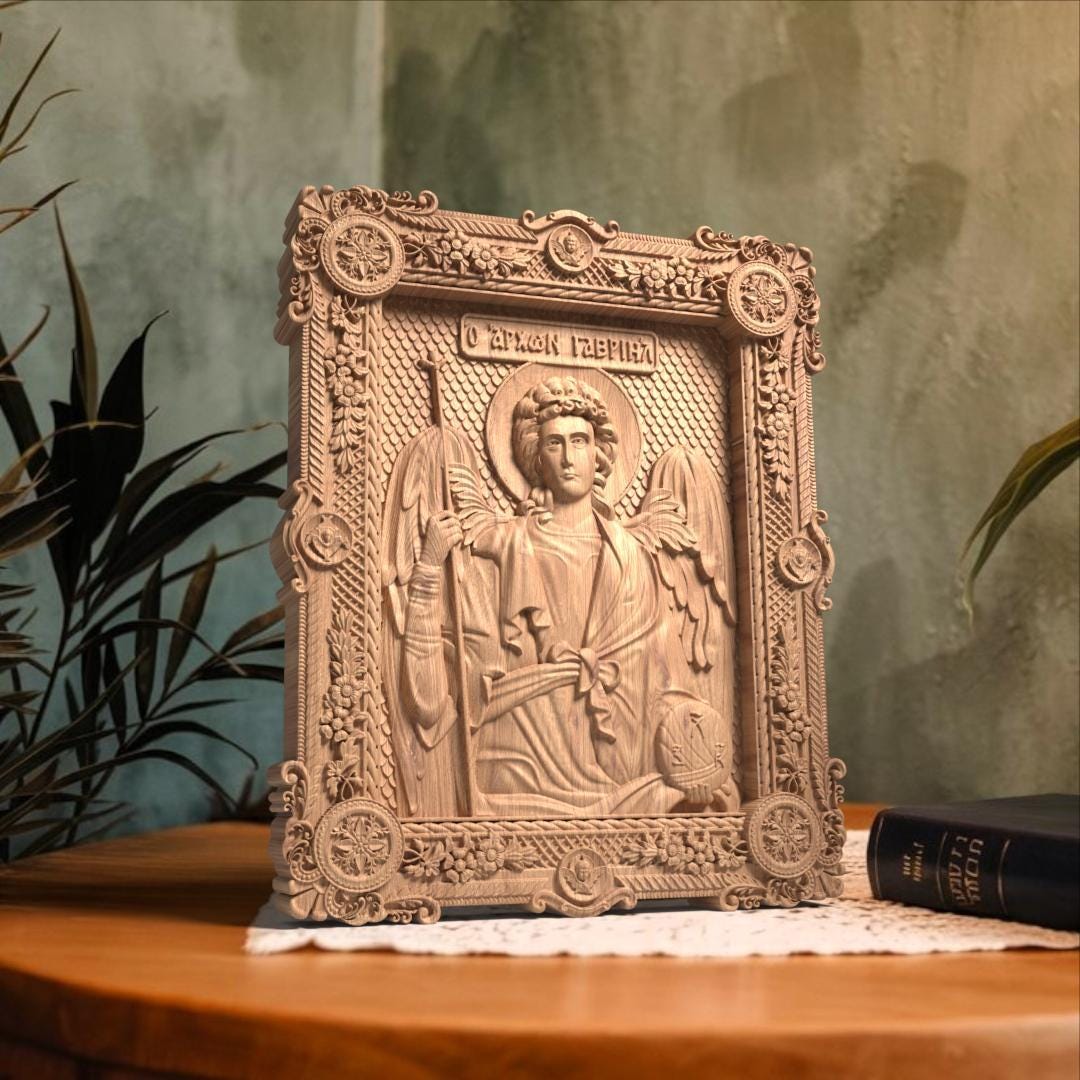 Αrchangel Gabriel Wooden Carved Handmade Christian Icon. Byzantine Greek Orthodox Home Art Decor.