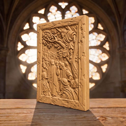 Jesus Talking to Zacchaeus on a Tree Wooden Carved Handmade Christian Icon  Byzantine Greek Orthodox Home Decor Cretan Holy Carvings