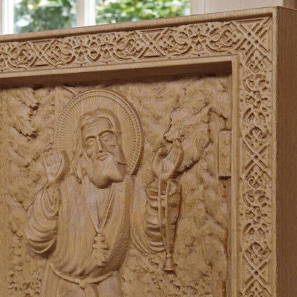 Saint Seraphim of Sarov Wooden Carved Handmade Christian Icon. Byzantine Greek Orthodox Home Decor.
