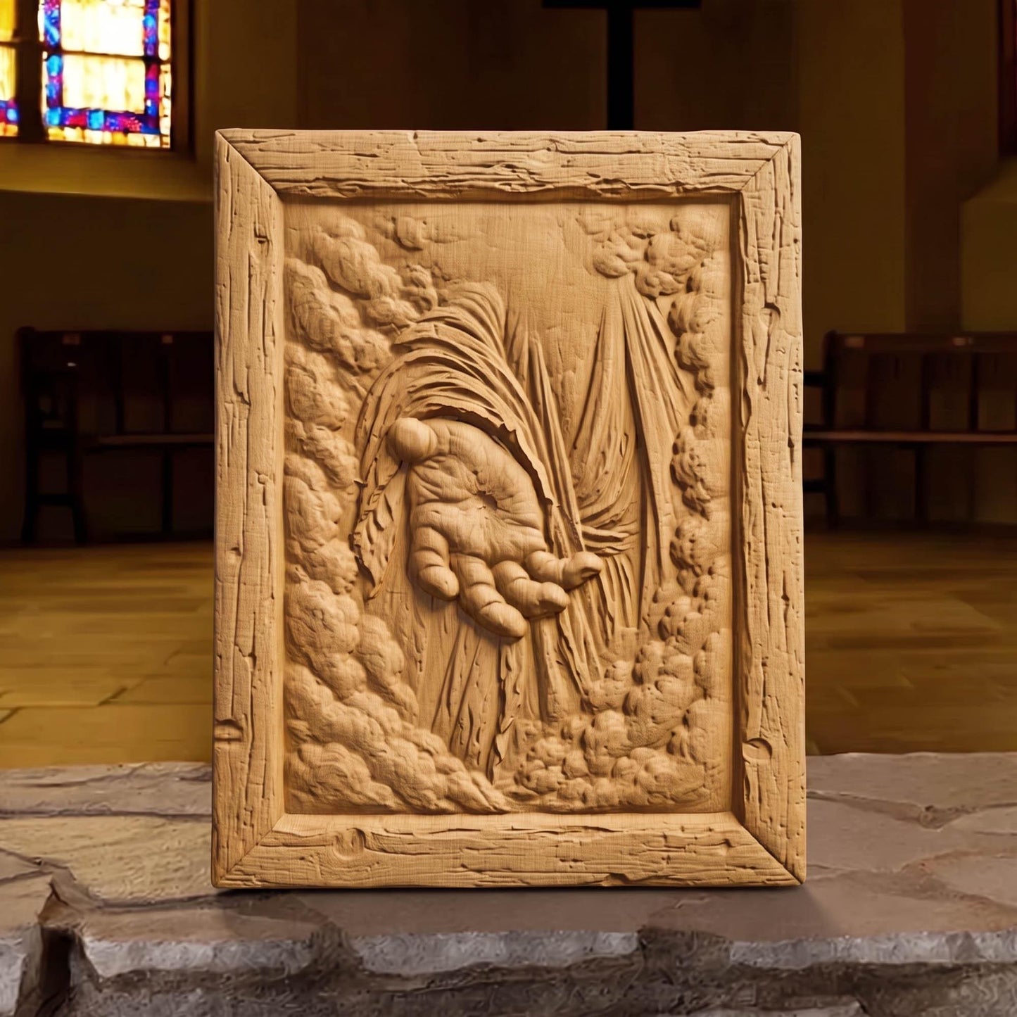 God's Hand of Help Wooden Carved Handmade Christian Icon  Byzantine Greek Orthodox Home Decor Cretan Holy Carvings
