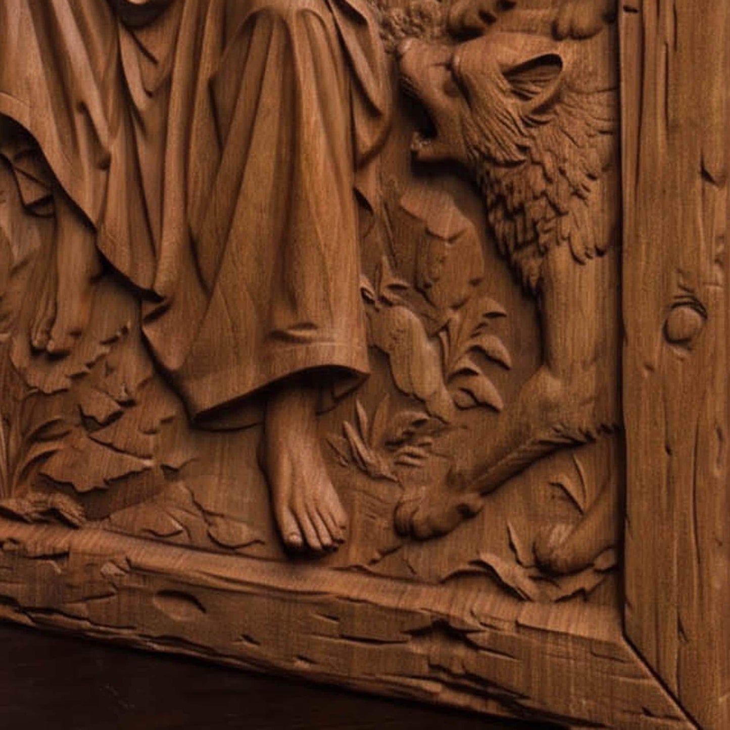 Jesus Christ Protecting Us Against the Wolves Wooden Carved Handmade Christian Icon  Byzantine Greek Orthodox Home Decor Cretan Holy Carvings
