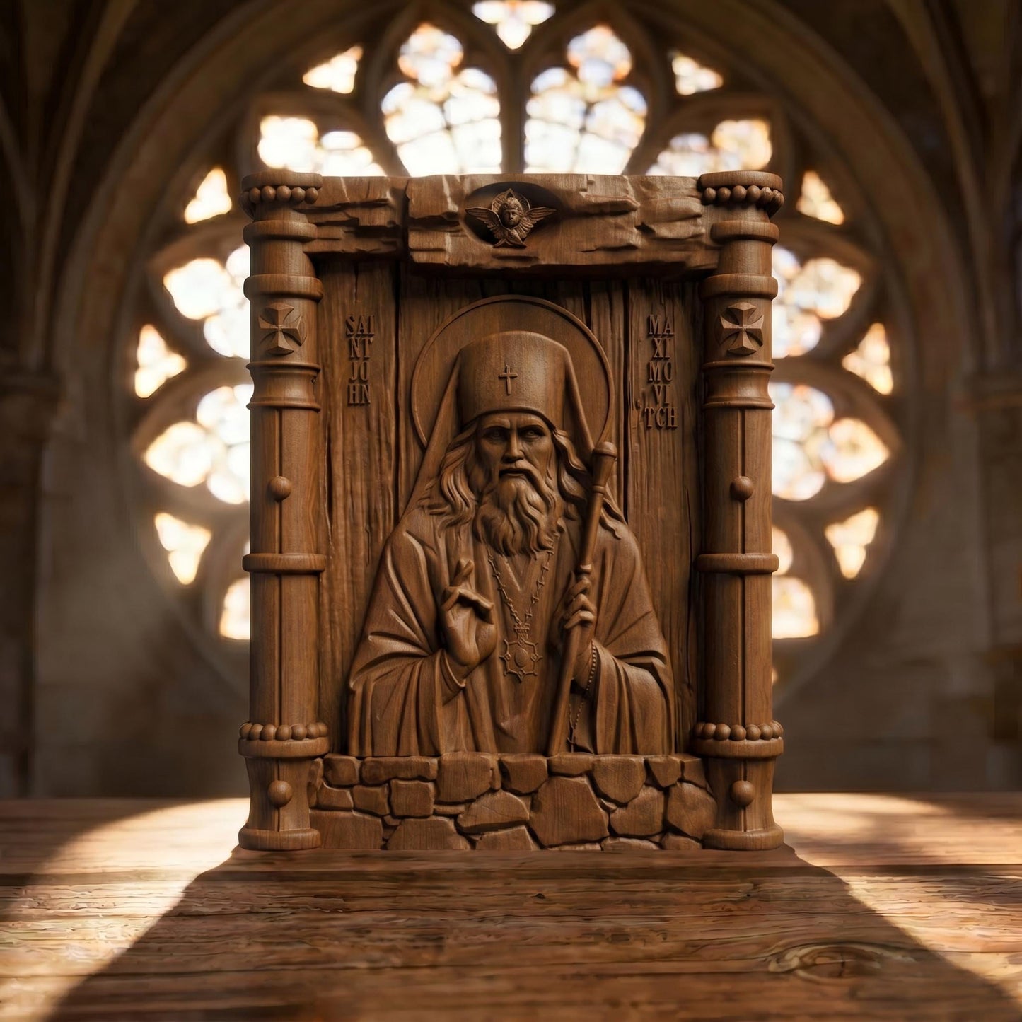 Saint John Maximovitch Wooden Carved Handmade Christian Icon Patron Saint of Orphans Front Side Brown Oak Cretan Holy Carvings