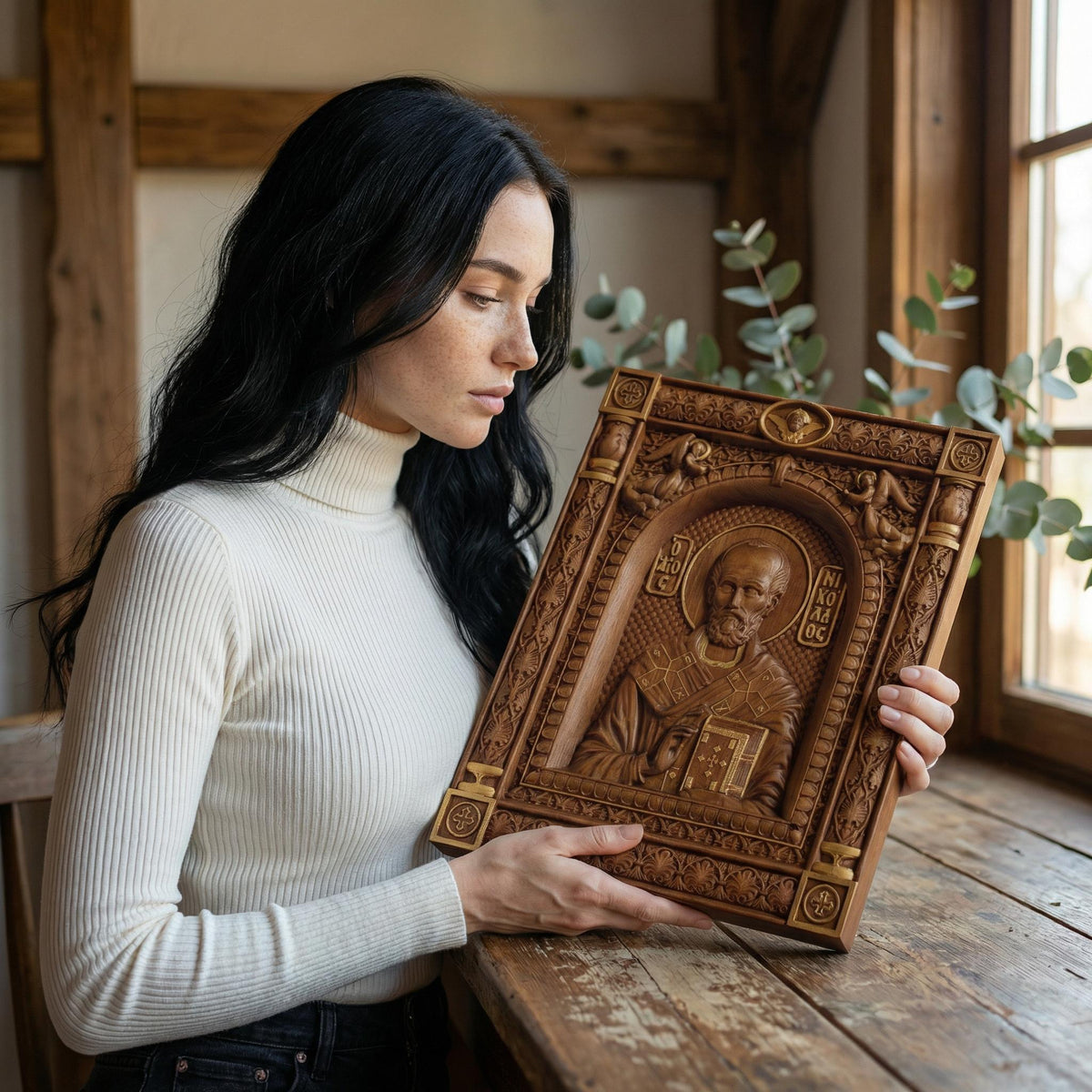 Saint Nicholas Wooden Carved Handmade Christian Icon. Byzantine Greek Orthodox Home Art Decor.