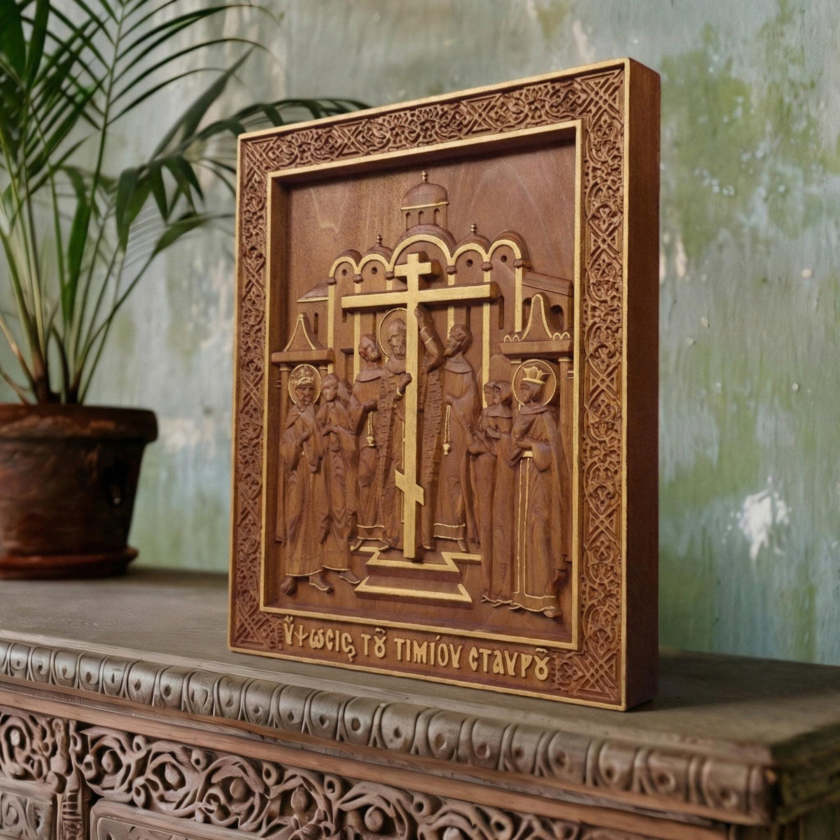 The Elevation of the Holy Cross Wooden Carved Handmade Christian Icon. Byzantine Greek Decor.