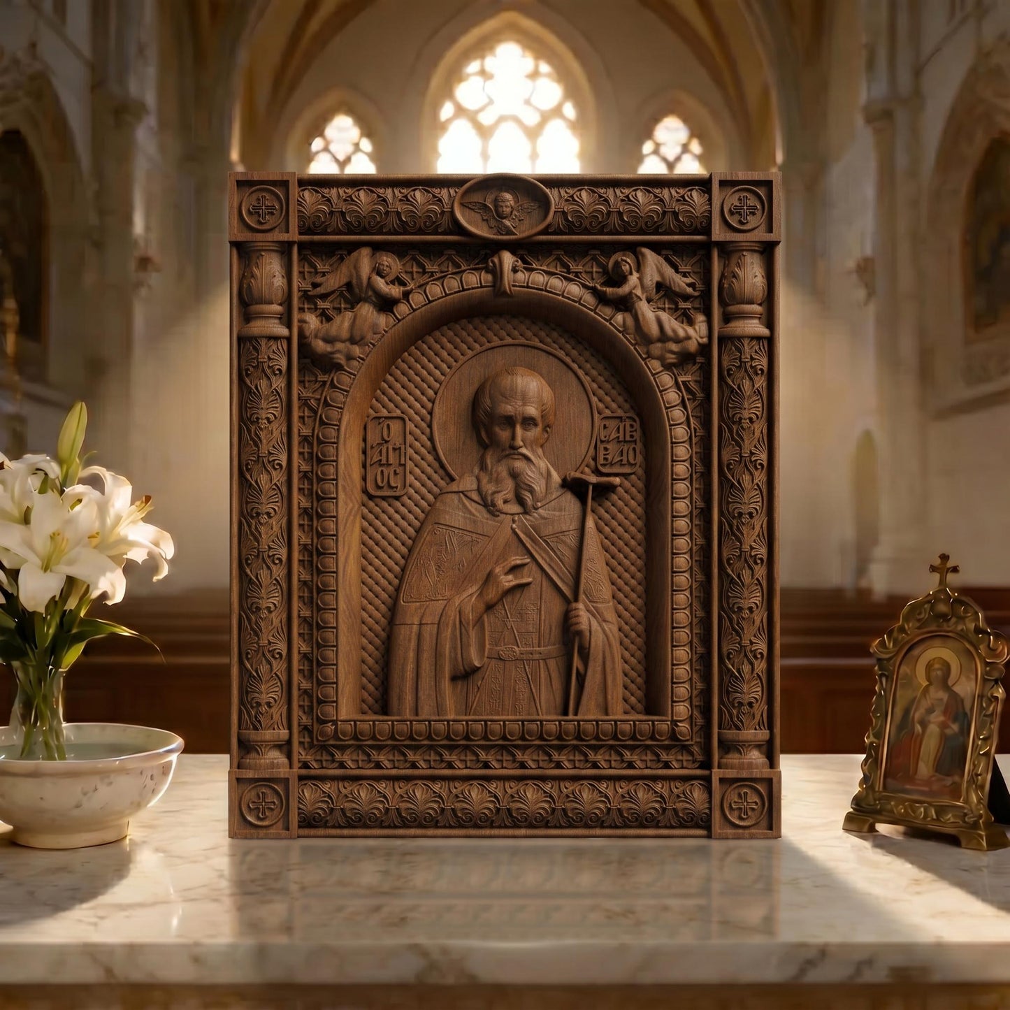 Saint Savvas the Sanctified Wooden Carved Handmade Christian Icon | Byzantine Greek Orthodox Home Art Decor