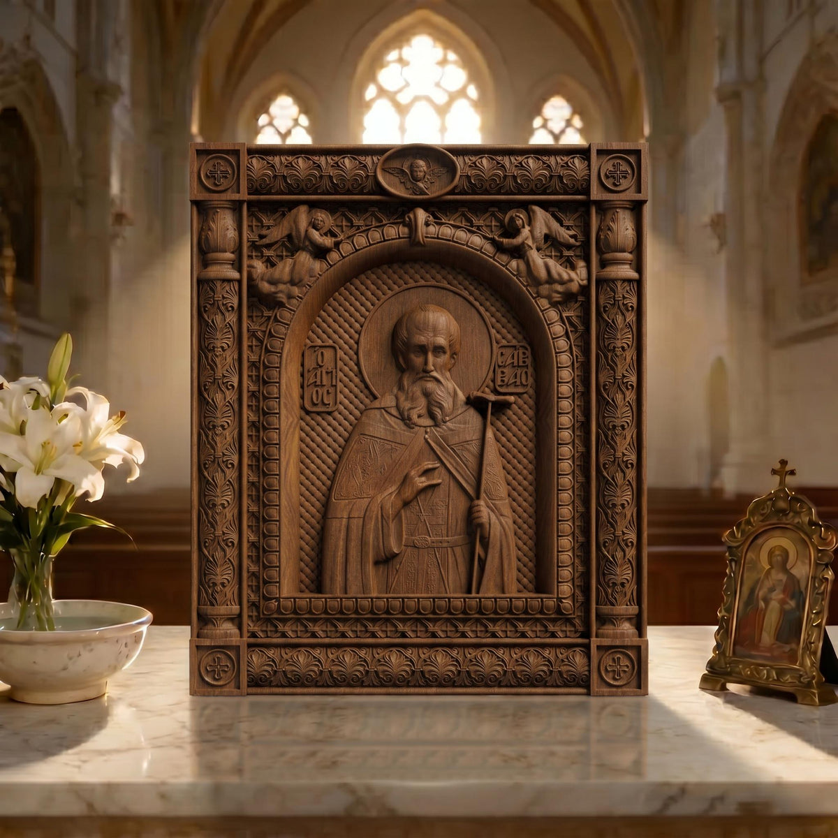 Saint Savvas the Sanctified Wooden Carved Handmade Christian Icon | Byzantine Greek Orthodox Home Art Decor