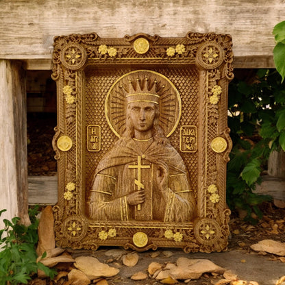 Saint Catherine Wooden Carved Handcrafted Christian Religious Icon. Byzantine Home Wall Art Decor Gift. Orthodox Greek Woodcarving Sculpture.