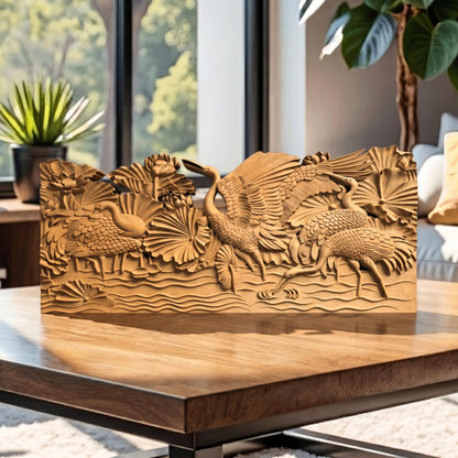 May include: A wooden relief sculpture depicting three cranes amidst lily pads and water. The cranes are intricately carved with detailed feathers and poses. The sculpture is a warm, natural wood tone, and sits on a wooden table.
