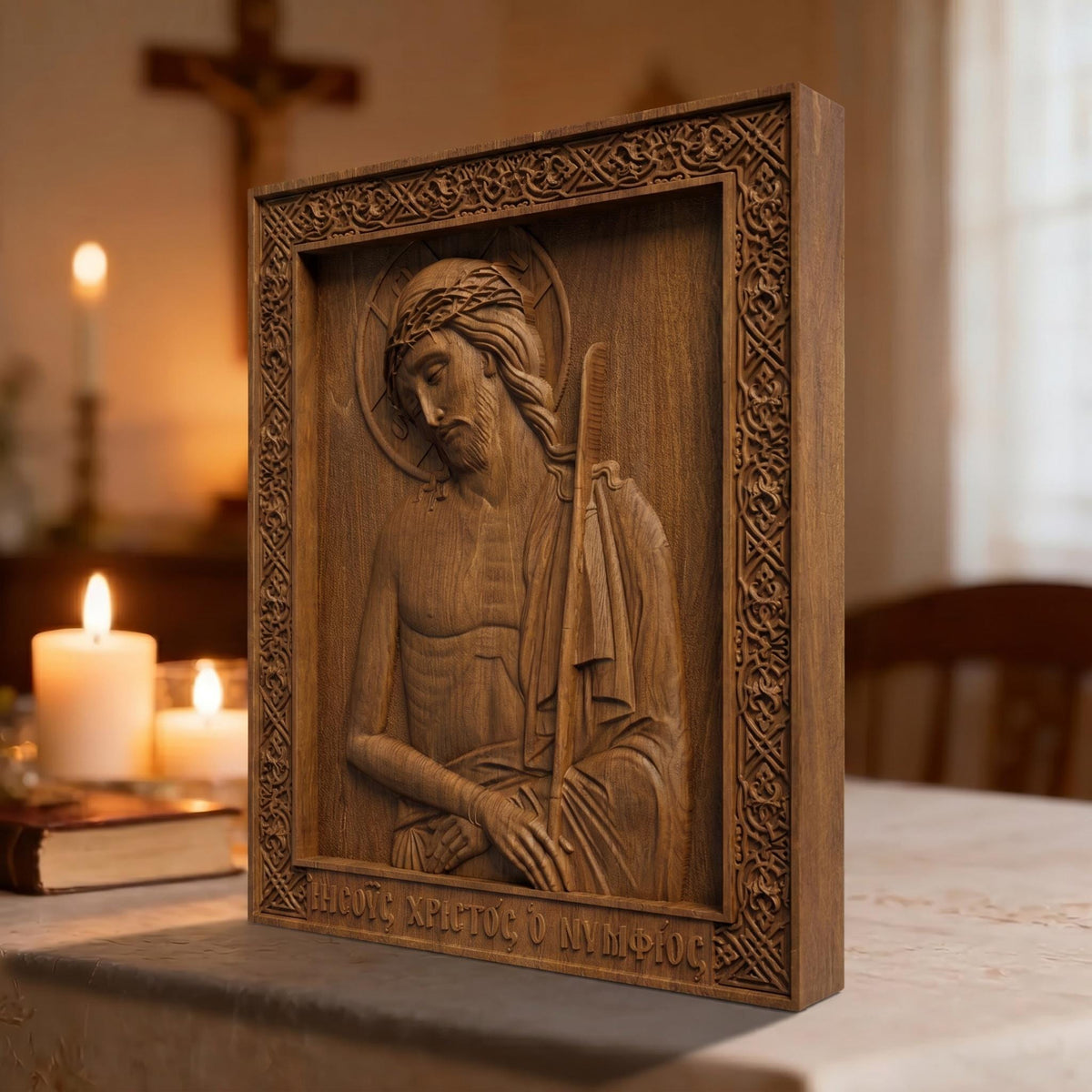 Jesus Christ Bridegroom Wooden Carved Handmade Christian Icon Right Side Brown Oak Cretan Holy Carvings