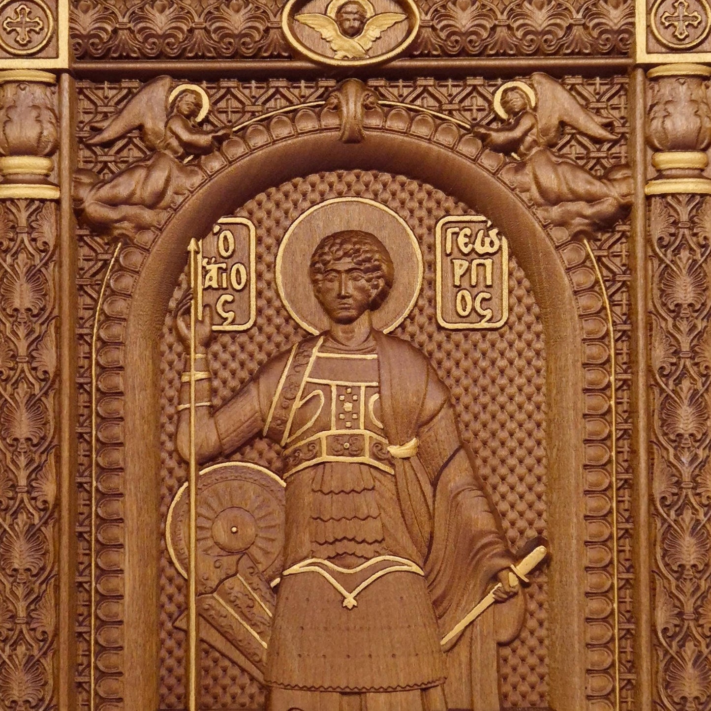 Saint George Wooden Carved Handmade Christian Icon. Byzantine Greek Orthodox Home Art Decor.