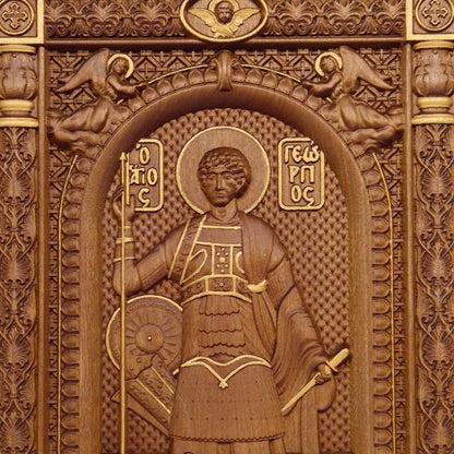 Saint George Wooden Carved Handmade Christian Icon. Byzantine Greek Orthodox Home Art Decor.