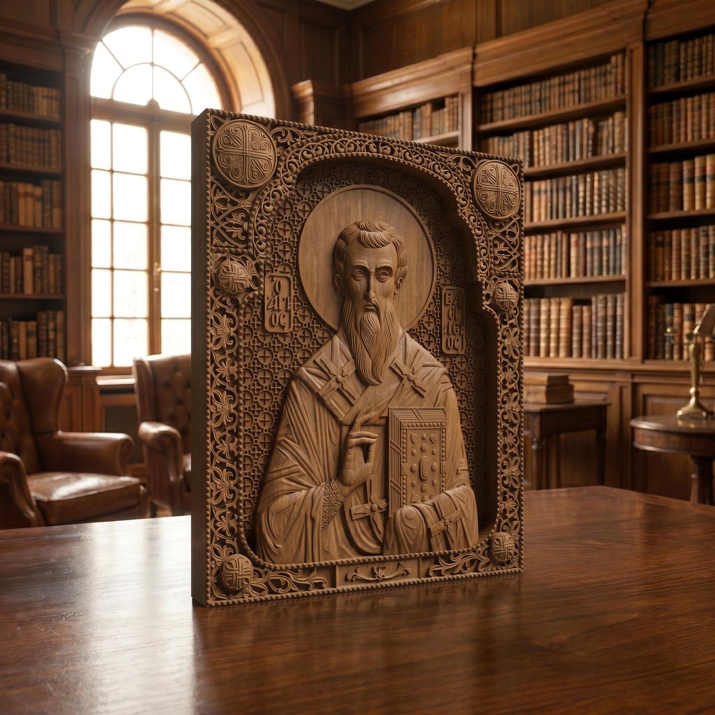 Saint Basil the Great Wooden Carved Handmade Christian Icon Patron Saint of the Poor Left Side Brown Oak Cretan Holy Carvings