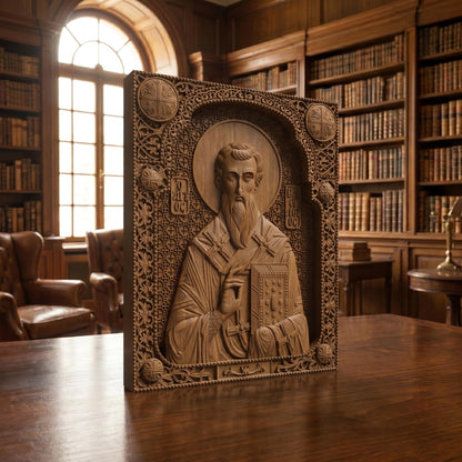 Saint Basil the Great Wooden Carved Handmade Christian Icon Patron Saint of the Poor Left Side Brown Oak Cretan Holy Carvings