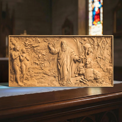 God Adam and Eve Wooden Bas Relief | Wood Panel Art | Sculptural Gift Idea