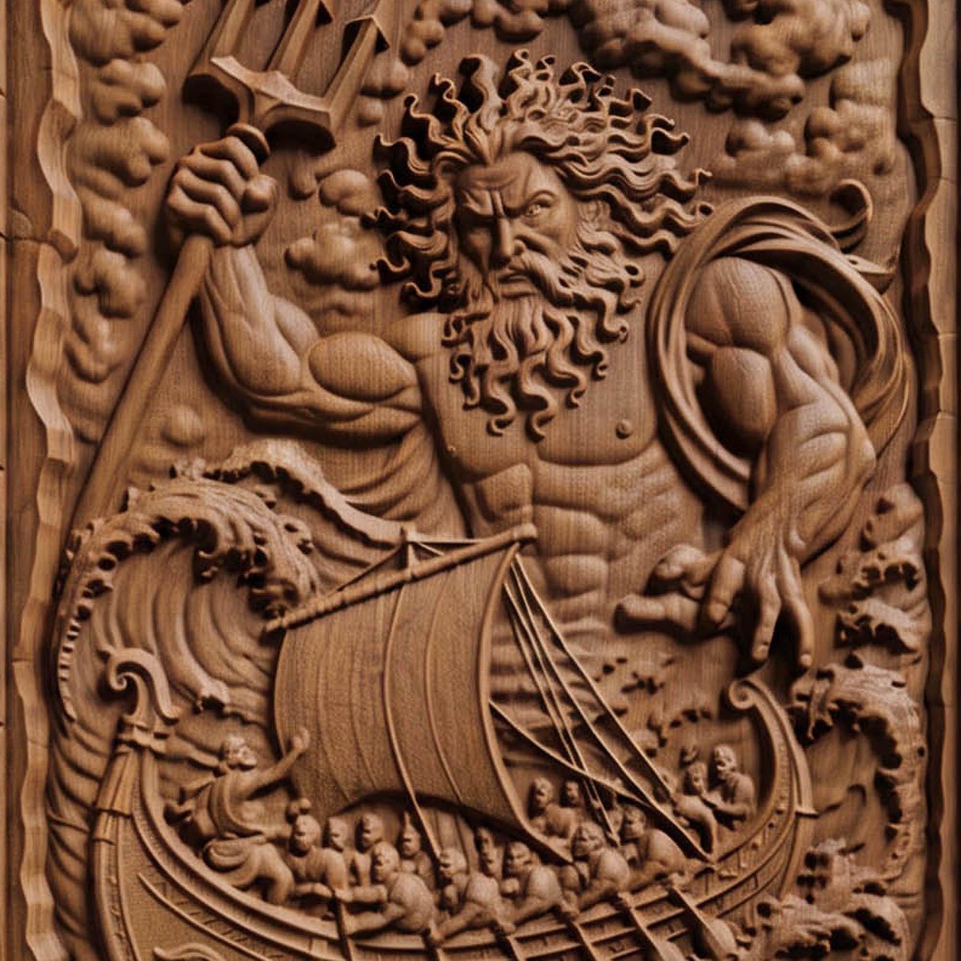 Poseidon Punishes Odysseus from Ancient Greek Mythology 3D Wooden Bas Relief Panel Art Sculptural Gift Idea Cretan Holy Carvings