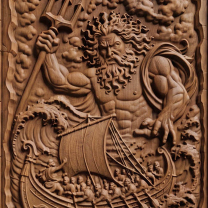 Poseidon Punishes Odysseus from Ancient Greek Mythology 3D Wooden Bas Relief Panel Art Sculptural Gift Idea Cretan Holy Carvings