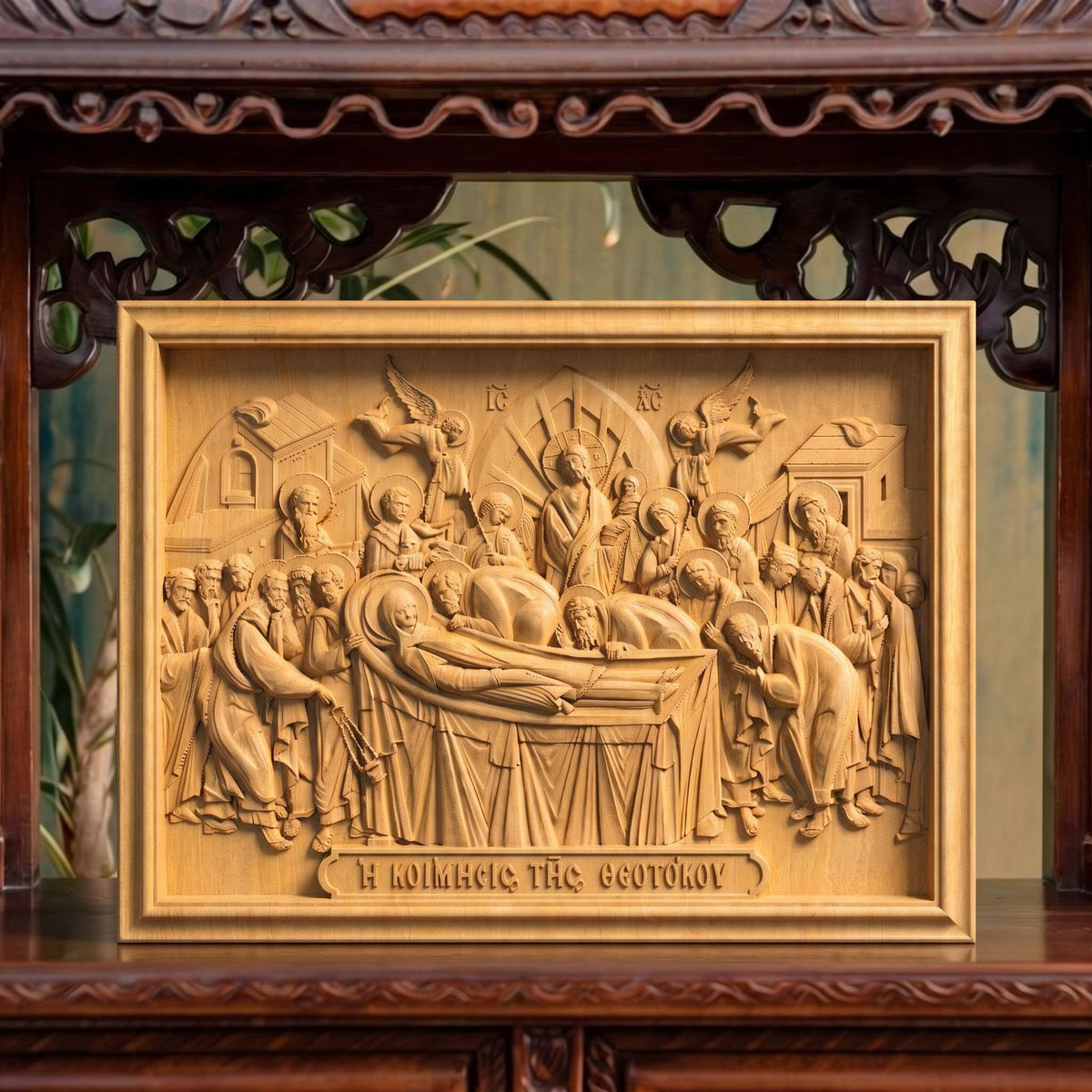 The Dormition of Mother of God Wooden Carved Handmade Christian Icon | Byzantine Greek Orthodox Home Art Decor
